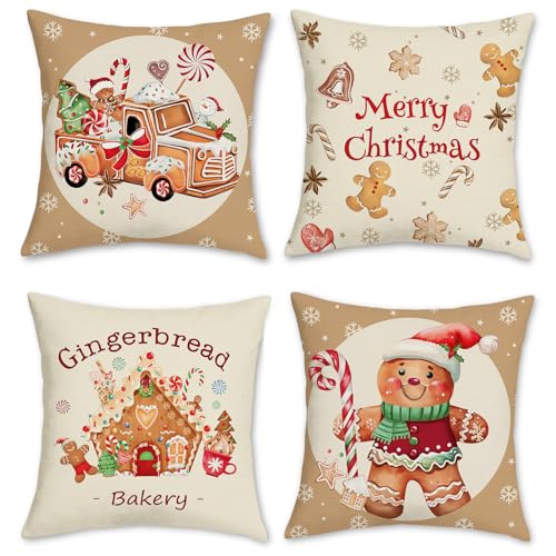 Bonhause 4er Set Kissenbezüge Weihnachten Lebkuchen 45 x 45 cm Männerhaus LKW Xmas Bäckerei Polyester Leinen Dekorative Kissenhülle Zierkissenbezüge für Sofa Winterurlaub Dekoration von Bonhause