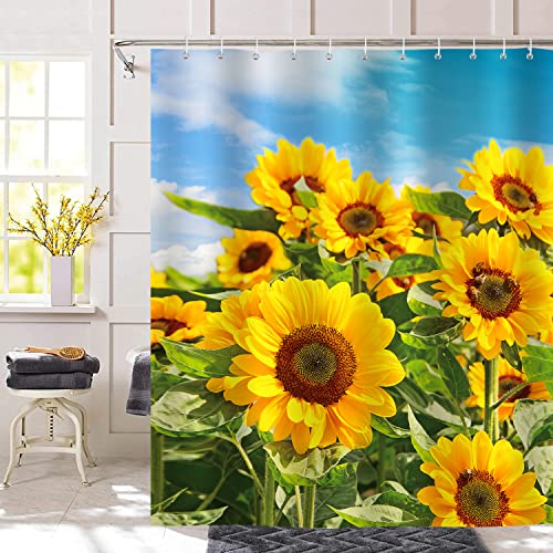 Bonhause Duschvorhang 180 x 180 cm Sonnenblume Gelbe mit Blauer Himmel Duschvorhänge Anti-Schimmel Wasserdicht Polyester Stoff Waschbar Bad Vorhang für Badzimmer mit 12 Duschvorhangringen von Bonhause