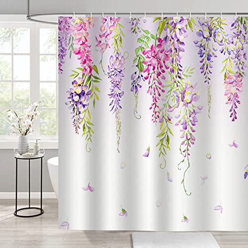 Bonhause Duschvorhang Glyzinien Blumen Lila Wisteria Duschvorhänge 180 x 180 cm Anti-Schimmel Wasserdicht Polyester Stoff Waschbar Bad Vorhäng für Badzimmer mit 12 Haken von Bonhause