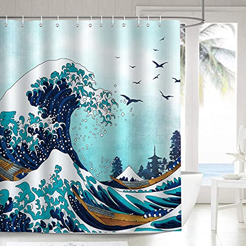 Bonhause Duschvorhang Japanische Welle Kanagawa Ozean Blau Duschvorhänge 180 x 200 cm Anti-Schimmel Wasserdicht Polyester Stoff Waschbar Bad Vorhäng für Badzimmer mit 12 Haken von Bonhause