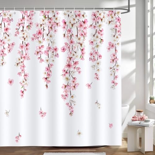 Bonhause Duschvorhang Kirschblüte Frühling Rosa Blumen Japanische Duschvorhänge 180 x 180 cm Anti-Schimmel Wasserdicht Polyester Stoff Waschbar Bad Vorhäng für Badzimmer mit 12 Haken von Bonhause