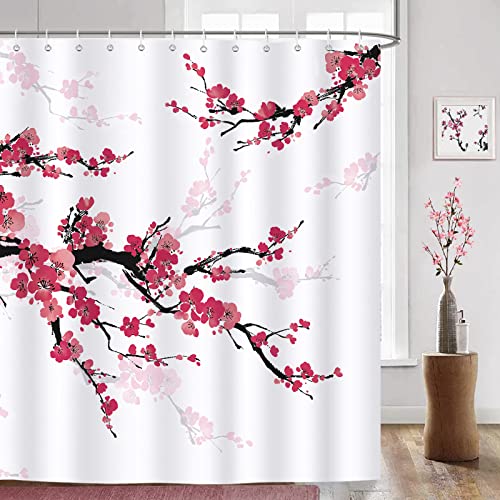 Bonhause Duschvorhang Kirschblüten Japanisch Rote Blumen Duschvorhänge 180 x 180 cm Anti-Schimmel Wasserdicht Polyester Stoff Waschbar Bad Vorhäng für Badzimmer mit 12 Haken von Bonhause