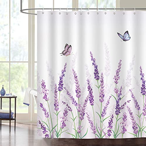 Bonhause Duschvorhang Lavendel Lila Blumen Duschvorhänge 180 x 180 cm Anti-Schimmel Wasserdicht Polyester Stoff Waschbar Bad Vorhäng für Badzimmer mit 12 Haken von Bonhause