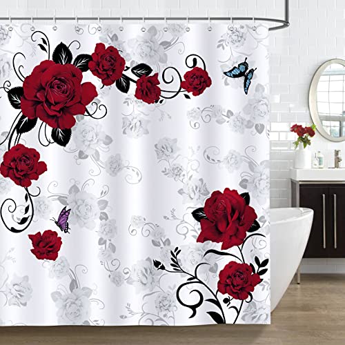 Bonhause Duschvorhang Rosen Blumen Roten Rosen Duschvorhänge 180 x 180 cm Anti-Schimmel Wasserdicht Polyester Stoff Waschbar Bad Vorhäng für Badzimmer mit 12 Haken von Bonhause