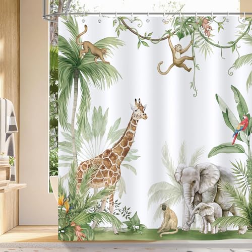 Bonhause Duschvorhang Tropischer Dschungel Tiere Palmblätter Giraffen Elefant Duschvorhänge 180 x 180 cm Anti-Schimmel Wasserdicht Polyester Stoff Waschbar Bad Vorhäng für Badzimmer mit 12 Haken von Bonhause