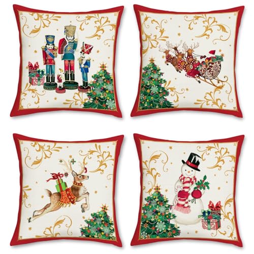 Bonhause Kissenbezüge Weihnachten 45 x 45 cm Doppelseitig Rentier Schneemann Nussknacker Leinen Dekorative Weihnachten Kissenhülle für Sofa Schlafzimmer Weihnachts Dekorationen 4 Stück von Bonhause