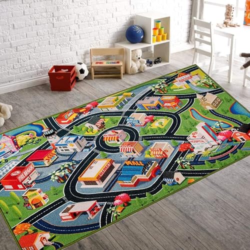 Booooom Jackson Spielteppich Kinder Straßen 3D 80x150 cm Kinderteppich Zum Mit Rutschfester - Auto Spielteppich Kinderspielmatte von Booooom Jackson