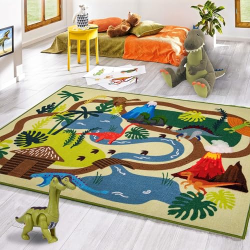 Booooom Jackson Teppich Kinder Spielmatte Dinosaurier 100 x 150cm Krabbeldecke Kinderzimmer Teppich Dino Spielteppich Waschbar Dino Motivteppich Kurzflor Farbecht von Booooom Jackson