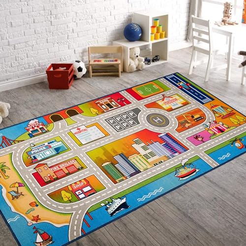 Booooom Jackson Teppich Kinderzimmer 80x150cm Kinderteppich Waschbar Spielmatte Kinder Teppiche Autoteppich Spielteppich Straße rutschfeste Rückseite von Booooom Jackson