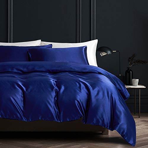 Boqingzhu Bettwäsche Satin 155×220cm Marine Blau Glanzsatin Seide Luxus Bettwäsche Set Bettbezug und Kissenbezug 80x80cm mit Reißverschluss von Boqingzhu