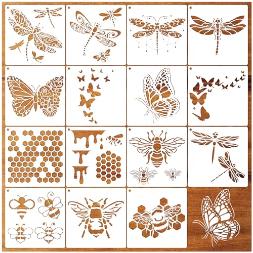 15 Stück Bienenwabenschablone Wiederverwendbare Schmetterling Libelle Schablonen zum Malen auf Holz DIY Handwerk Möbel Wand Leinwand Stoff Kunststoff Zeichenschablone (Frühling) von Boqon