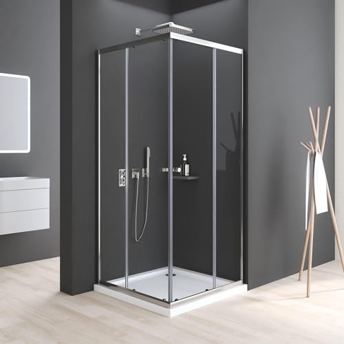 Boromal Duschkabine 90x90cm Eckeinstieg mit Schiebetüren 5mm ESG Glas Duschkabine Eckeinstieg Schiebetür Duschabtrennung Dusche Duschwand Höhe 185cm ohne Duschtasse von Boromal