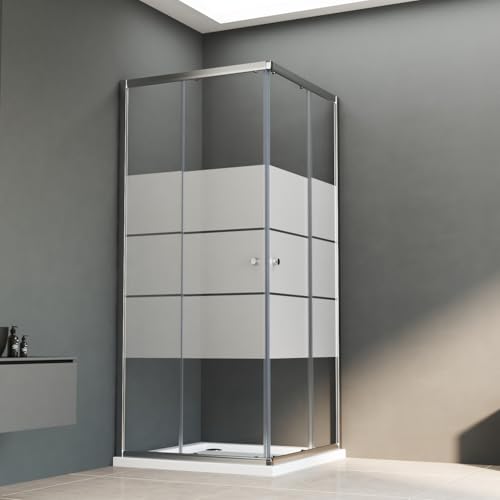 Boromal Duschkabine Eckeinstieg, Duschkabine 90x90cm Milchglas Eckeinstieg Duschkabine mit Schiebetüren 6mm ESG Milchglas Streifen Duschabtrennung Dusche Duschwand Höhe 185cm von Boromal