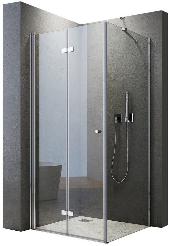 Boromal Eckdusche Duschkabine 90x90 75x90 100x90 Eckeinstieg 180° Falttür mit Seitenwand, BxT: 120x90 cm, 5mm Sicherheitsglas, Drehtür mit Duschwand Seitenteil, mit Alu Haltestangen, Alu Bodenleiste, Aluprofil, öffnet sich nach innen und auße von Boromal