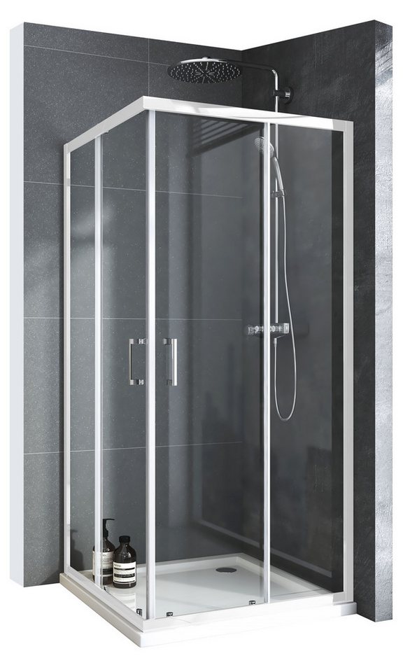 Boromal Eckdusche Schiebetür 90x90 80x80 75x90 Duschkabine Eckeinstieg Weiß H:185cm, BxT: 80x80 cm, 5mm Sicherheitsglas ESG, Alurahmen, Aluprofile, Magnetdichtleisten, Easy Clean Funktion, 16 Türrollen, Rechts-und Links montierbar von Boromal