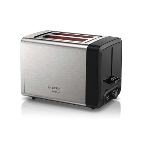 Bosch Kompakt Toaster DesignLine TAT4P420DE, integrierter Edelstahl-Brötchenaufsatz, mit Abschaltautomatik, mit Auftaufunktion, perfekt für 2 Scheiben Toast, Liftfunktion, 970 W, Edelstahl / schwarz von Bosch Hausgeräte