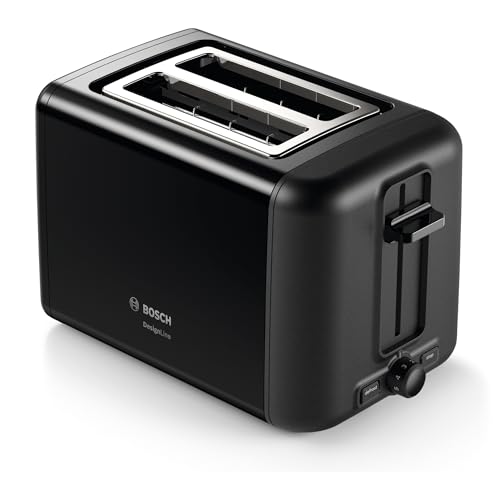 Bosch Kompakt Toaster DesignLine TAT3P423DE, integrierter Edelstahl-Brötchenaufsatz, mit Abschaltautomatik, mit Auftaufunktion, perfekt für 2 Scheiben Toast, Liftfunktion, breit, 970 W, schwarz von Bosch Hausgeräte