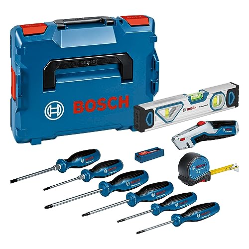 Bosch Professional Handwerkzeug-Set, 13-teilig (inkl. 6x Schraubendreher, 1x Maßband 5 m, 1x Wasserwaage 25 cm, 1x Messer, 10x Ersatzklinge, in L-BOXX) von Bosch Professional