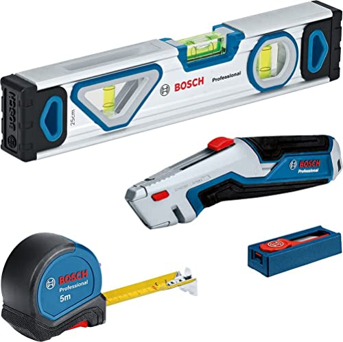 Bosch Professional 13 tlg. Profi Werkzeug Set (inkl. 25cm Wasserwaage, 5m Maßband, Universal Messer mit ausziehbarer Klinge und 10 tlg. Klingen Set) von Bosch Professional