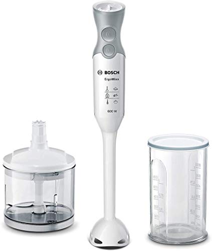 Bosch Stabmixer ErgoMixx MSM66020, Mixfuß, Mix- und Messbecher, 4-Klingen-Messer, ergonomisches Design, 12 Stufen plus Turbo, 600 W, weiß/grau von Bosch Hausgeräte