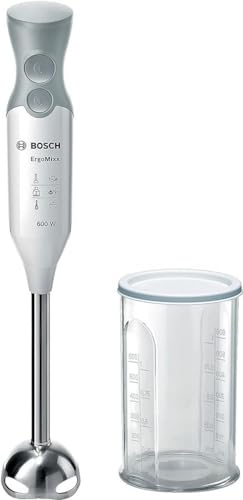Bosch Stabmixer ErgoMixx MSM66110, Edelstahl-Mixfuß, Mix- und Messbecher, 2 Geschwindigkeitsstufen, leichtes Gehäuse, 4-Klingen-Messer, einfache Reinigung, 600 W, weiß/grau von Bosch Hausgeräte