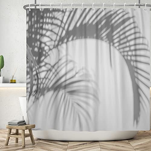 Bovlleetd 152x183cm Grau Duschvorhang Palm Leaf Tree Shadow Badezimmer Vorhang Grau Pflanze Duschvorhänge Wasserdicht Badewanne Vorhang Badezimmer Art Deco Vorhang mit Haken von Bovlleetd