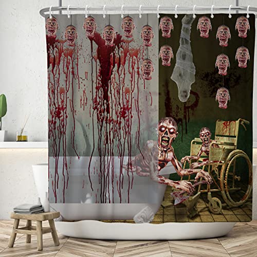 Bovlleetd 153x183cm Halloween Badvorhang Hilfe Horror Krankenhaus Badezimmer Duschvorhang Zombie kriecht aus der Badewanne Rollstuhl Duschvorhang Enthauptung Blutbefleckt Badewannenvorhang von Bovlleetd