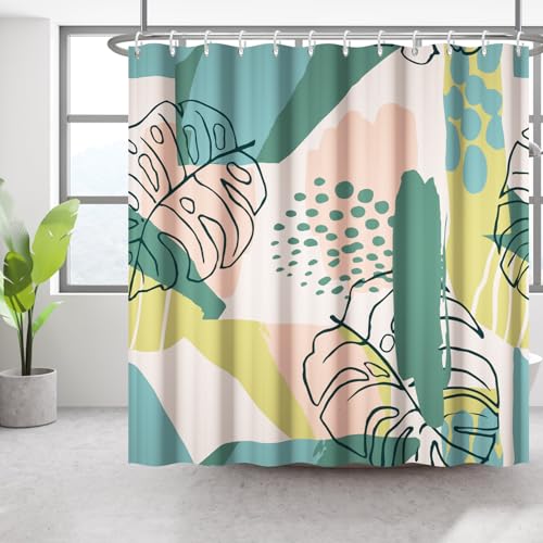 Bovlleetd 180x180cm Abstrakte Pflanze Bad Vorhang Wasserdicht Boho Botanische Dusche Vorhang Aquarell Mid-Century Tropische Pflanze Dusche Vorhänge Waschbar Badewanne Vorhang von Bovlleetd