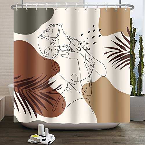 Bovlleetd 180x180cm Abstrakter Boho-Duschvorhang Bohemian Botanical Mid Century Art Duschvorhänge Palmblatt-Linie Frau Baden Badezimmervorhang Wasserdichter Badewannenvorhang von Bovlleetd