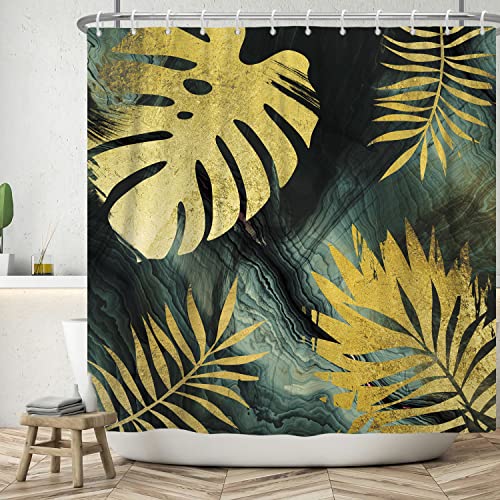 Bovlleetd 180x180cm Gold Monstera Leaf Duschvorhang Abstrakte Kunst Badezimmer Vorhang Bohemian Mid-Century Duschvorhänge Rosa Grau Pflanze Blätter Duschvorhänge für Bad Dekor von Bovlleetd