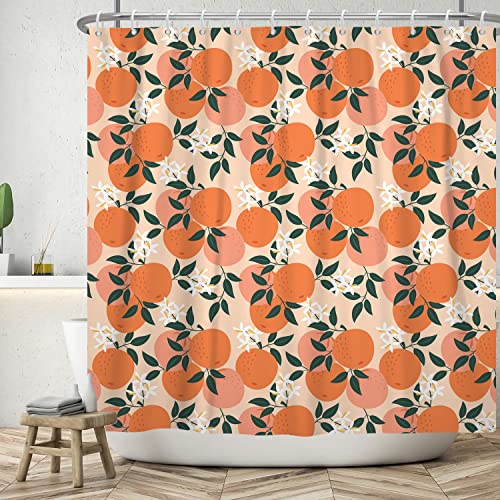 Bovlleetd 180x180cm Orangen Duschvorhang Orange Frucht Apfel Duschvorhang Weiß Orange Blume Blumen Badezimmervorhang Wasserdichter Badewannenvorhang mit Haken von Bovlleetd