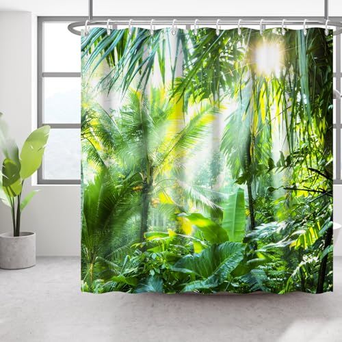 Bovlleetd 180x180cm Tropischer Botanischer Duschvorhang 3D Sommerszene Bananenbaum Badezimmervorhang Palme Warmer Sonnenschein Duschvorhang Grüne Regenwaldpflanze Wasserdichter Badewannenvorhang von Bovlleetd