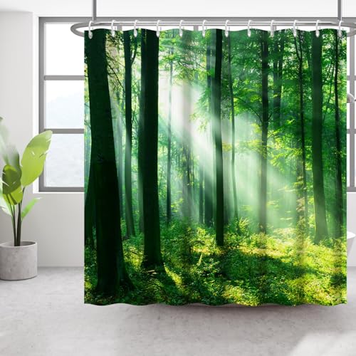 Bovlleetd 180x180cm Wald Duschvorhang Morgen Wald Sonnenlicht Badezimmer Vorhang 3D Druck Waldlandschaft Natürlicher Duschvorhang Grün Waldland Wasserdicht Bad Vorhang von Bovlleetd