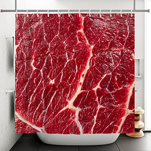 Bovlleetd 180x200cm Duschvorhang mit rohem Fleisch, rotes Steak, Rindfleisch, Duschvorh盲nge, lebensechte Rohkost, Badezimmervorhang, Halloween-Duschvorhang, wasserdichter Wannenvorhang von Bovlleetd