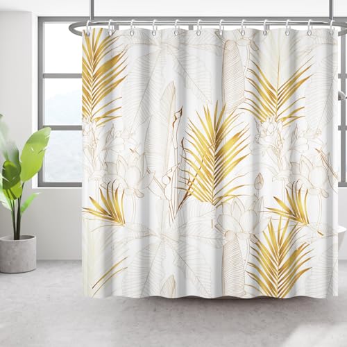 Bovlleetd 180x200cm Gold Pflanze Duschvorhang Lotus Palm Leaf Badezimmer Vorhang Einfache Bananenblatt Duschvorhänge Wasserdicht Badewanne Vorhang Kunst Badezimmer Dekorative Vorhang mit Haken von Bovlleetd