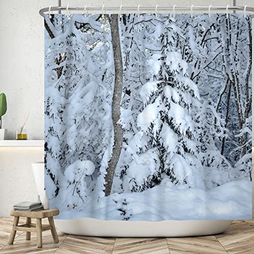 Bovlleetd 180x200cm Winter Schnee Duschvorhang Winter Wald Schneit Duschvorhänge Weihnachten Badezimmer Dekorativer Vorhang Wasserdichter Badevorhang mit Haken Langlebig von Bovlleetd