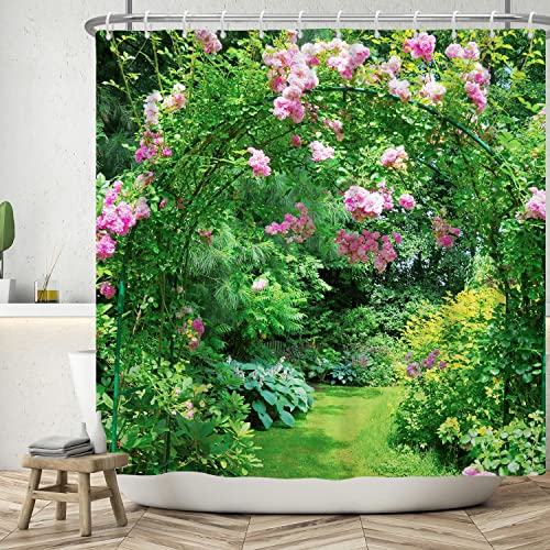 Bovlleetd 183x213cm Sommer Landschaft Duschvorhang 3D Wald Kabine Duschvorhänge Grüne Pflanze Rosa Blumen Badezimmer Vorhang Kranz Bogen Badvorhang Wasserdichter Badewannenvorhang von Bovlleetd