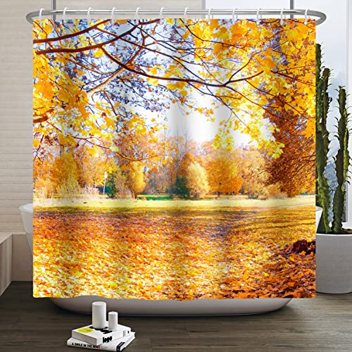 Bovlleetd Herbst-Duschvorhang Waldgelb Duschvorhänge natürliche Landschaft Badewanne dekorativer Vorhang mit Haken Herbst-Erntedank-Thema Baddekoration 180x200cm von Bovlleetd