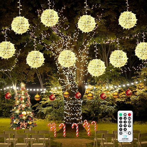 Bowfar Lichterkette Außen Strom, 20cm 4 Stück Große Kugel Hängend Lichterkette Weihnachtsbaum mit Fernbedienung Timer, Globe Weihnachtsbeleuchtung für Garten Hochzeit Party Weihnachtsdeko, Warmweiß von Bowfar