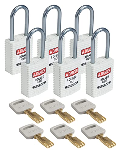 Brady (CPT-WHT-38AL-KD6PK) SafeKey Nylon Lockout-Vorhängeschloss - kompakt Mit Aluminium Bügel 38.00 mm Weiß KD - Verschiedenschließende Schlösser 6 Stück von Brady