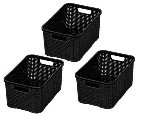 BranQ - Home essential Korb in Rattan Design 3er Set Grösse M 10 l, BPA-frei Kunststoff PP, Schwarz, 28,8x19,7x16,2 cm, 3 Stk. von BranQ Home essential