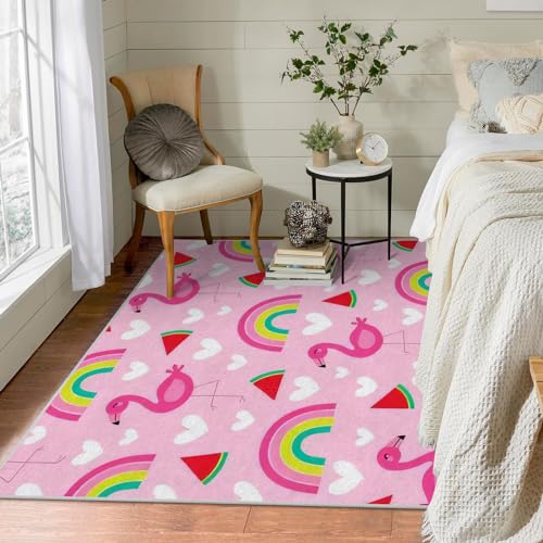 Teppich Wohnzimmer 160x230 Waschbar in Waschmaschine Rosa Regenbogen Teppich Schlafzimmer Kurzflor, Flamingo Wassermelone Teppiche Gegend Groß Küchenteppich Dünn rutschfest Saugfähig für Esszimmer von Brandzly