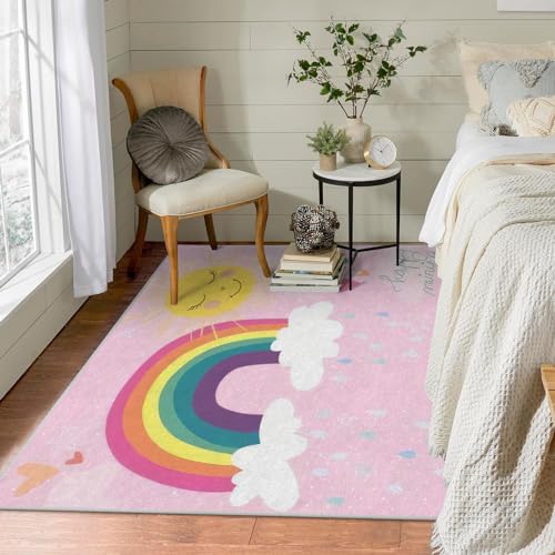 Teppich Wohnzimmer 180x200 Waschbar in Waschmaschine Rosa Regenbogen Teppich Schlafzimmer Kurzflor, Sonne Teppiche Gegend Groß Küchenteppich Dünn rutschfest Saugfähig für Esszimmer von Brandzly