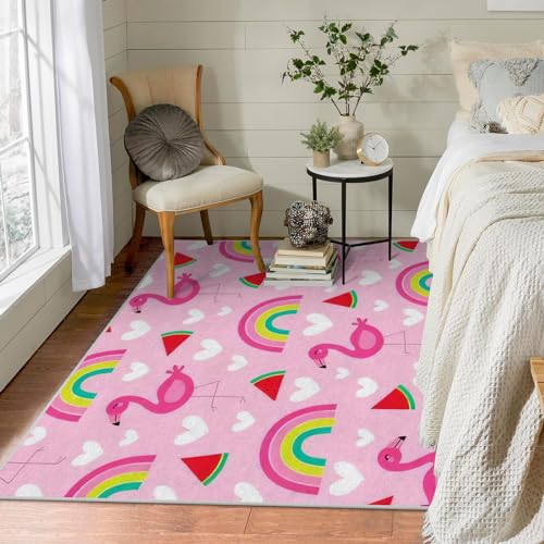 Waschbar in Waschmaschine Wohnzimmer Teppich Rosa Regenbogen 100x150 Kurzflor Teppich Schlafzimmer, Flamingo Wassermelone Teppich Gegend Dünn Bettvorleger Saugfähig für Jugendzimmer Jungen Mädchen von Brandzly