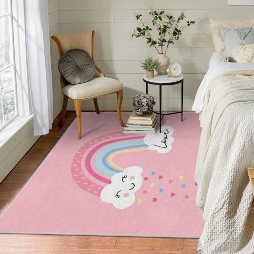 Waschbar in Waschmaschine Wohnzimmer Teppich Rosa Regenbogen 100x200 Kurzflor Teppich Schlafzimmer, Wolke Teppich Gegend Dünn Bettvorleger Saugfähig für Jugendzimmer Jungen Mädchen von Brandzly