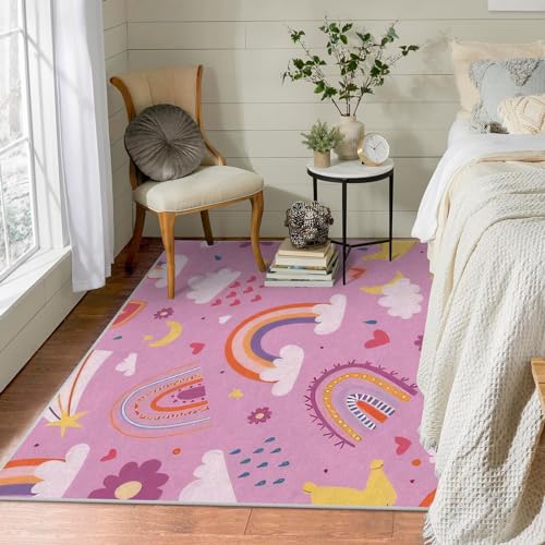 Waschbar in Waschmaschine Wohnzimmer Teppich Rosa Regenbogen 120x170 Kurzflor Teppich Schlafzimmer, Wolke Teppich Gegend Dünn Bettvorleger Saugfähig für Jugendzimmer Jungen Mädchen von Brandzly