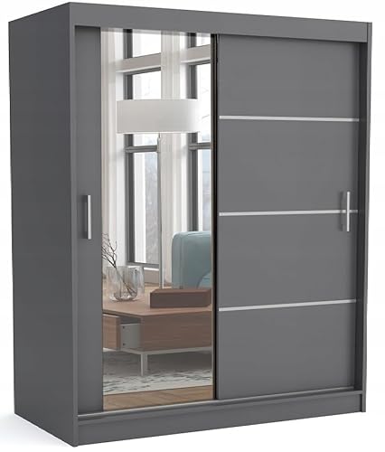 Brent - Kleiderschrank mit Spiegel 160cm Breit Windsor Tomy I Schlafzimmerschrank mit 2 Kleiderstänger und Einlegeböden für Kleidung I Kleiderschrank Anthrazit von Brent