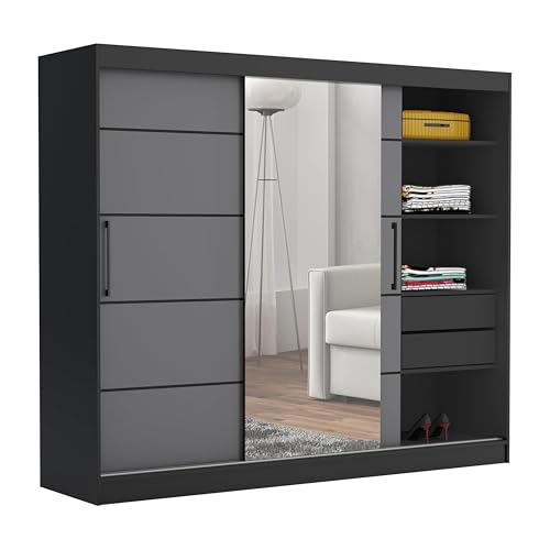 Brent - Kleiderschrank mit Spiegel 235cm Breit, Kleiderschrank mit Schubladen Chelsea Tomy, Schiebeschrank für Schlafzimmer, Schrank Schlafzimmer - Kleiderschrank Schwarz/Grau von Brent