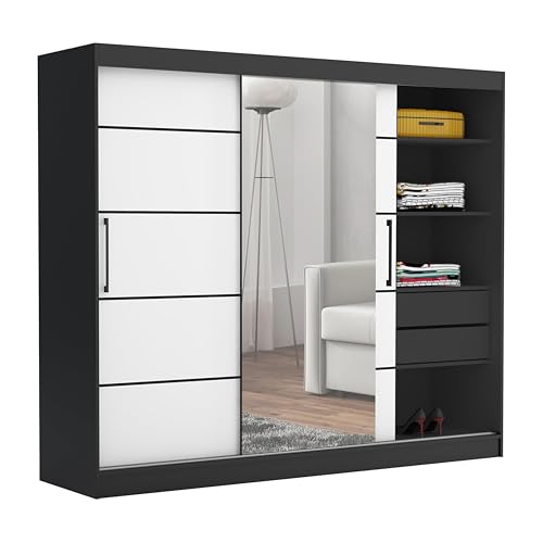 Brent - Kleiderschrank mit Spiegel 235cm Breit, Kleiderschrank mit Schubladen Chelsea Tomy, Schiebeschrank für Schlafzimmer, Schrank Schlafzimmer - Kleiderschrank Schwarz/Weiß von Brent