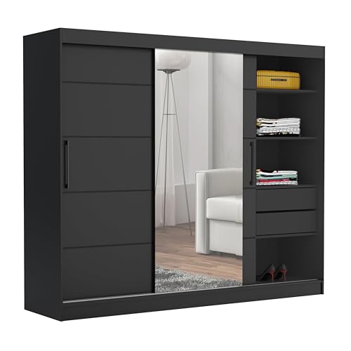 Brent - Kleiderschrank mit Spiegel 235cm Breit, Kleiderschrank mit Schubladen Chelsea Tomy, Schiebeschrank für Schlafzimmer, Schrank Schlafzimmer - Kleiderschrank Schwarz von Brent